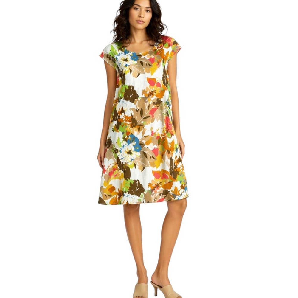 Linen Luv Women Shift Dress Floral XS Coastal Boho Cottagecore Resort Earthy
